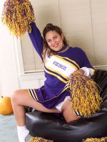 BBW cheerleader Loretta enjoying her huge boobies and trimmed pussy